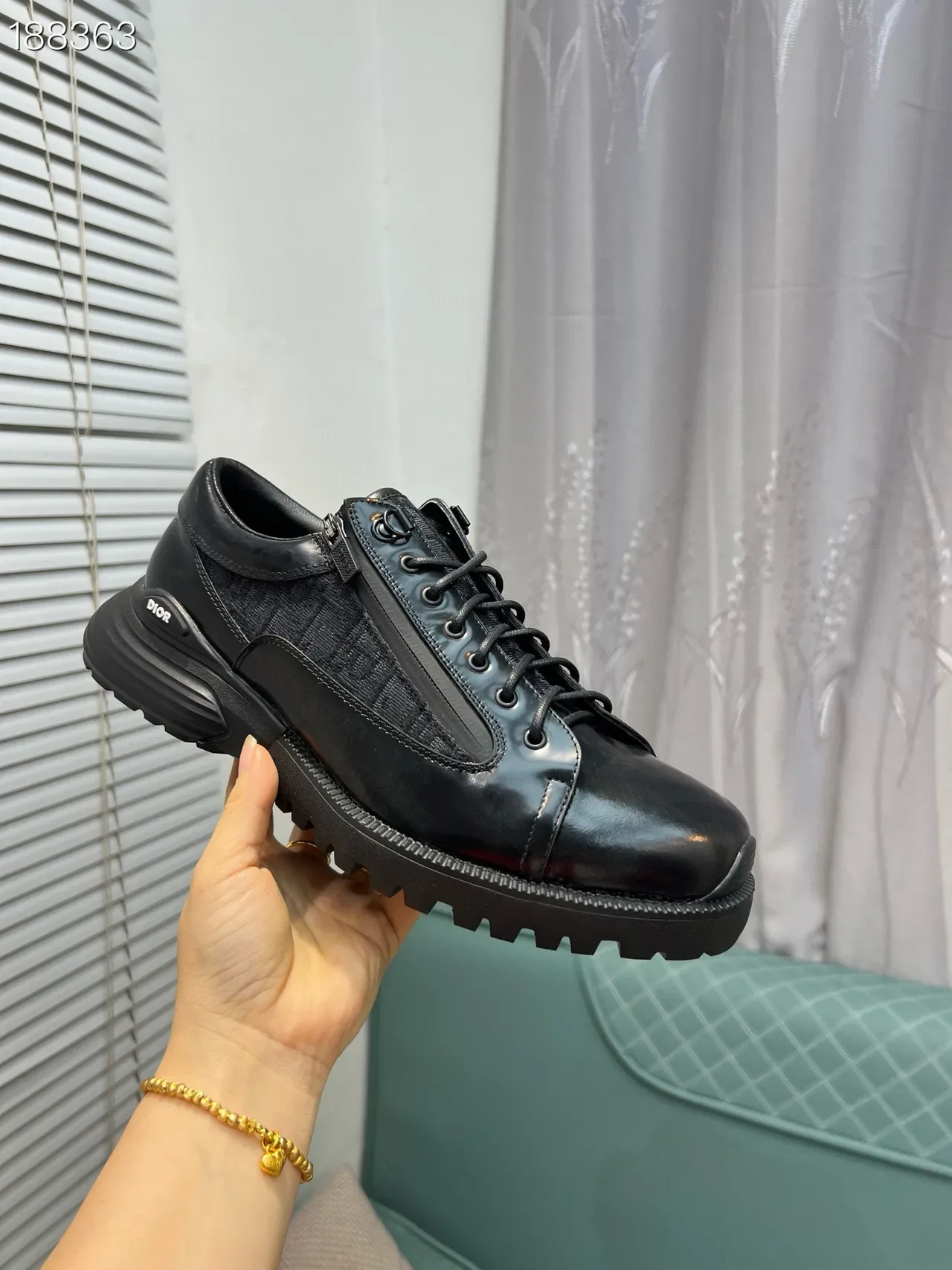 Black Patent and Textured Panel Lace-Up Sneakers 7
