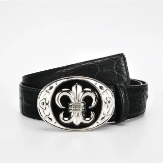 Ceinture en cuir noire avec boucle argentée fleur de lis ornée crocodile embossé