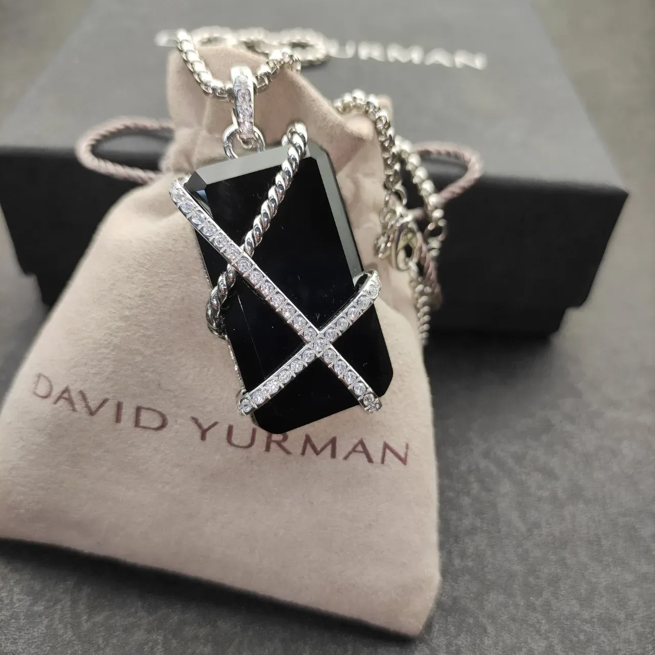 Black Silver Rectangular Stone Twisted Rope Band Necklace 2