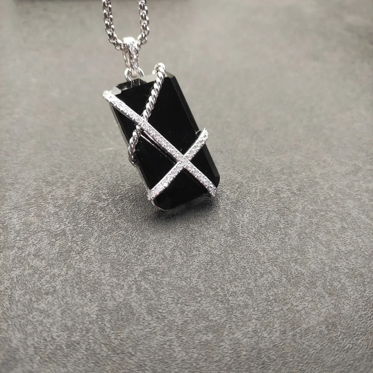 Black Silver Rectangular Stone Twisted Rope Band Necklace 5