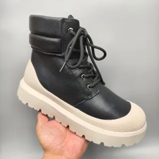 Black Textured Leather Padded Collar Platform Work Boot