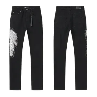 Black White Slim-Fit Denim Rhinestone Script Embellishment Jeans