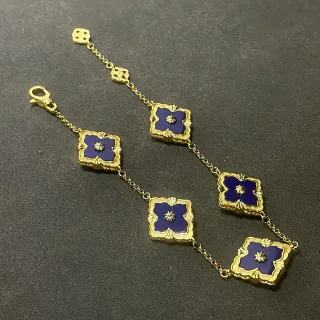 Blue Gold Chain Enamel Floral Motifs Bracelet