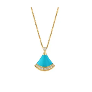 Blue Gold Fan-Shaped Pendant Turquoise Enamel Necklace