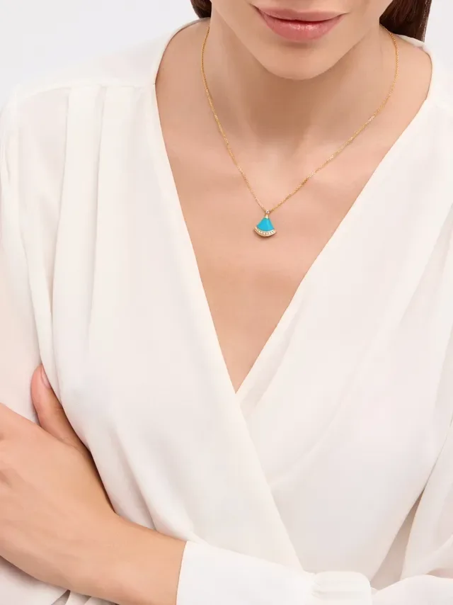 Blue Gold Fan-Shaped Pendant Turquoise Enamel Necklace 2
