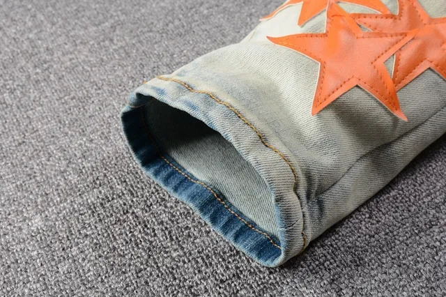 Jeans denim bleu orange lavé léger distressed motif appliqué étoile 3