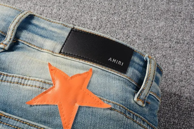 Jeans denim bleu orange lavé léger distressed motif appliqué étoile 4
