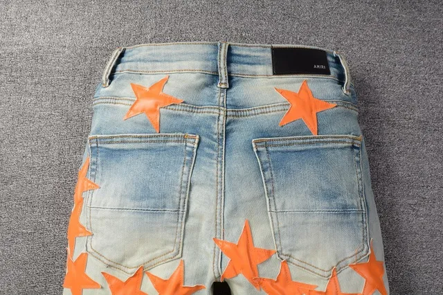 Jeans denim bleu orange lavé léger distressed motif appliqué étoile 6