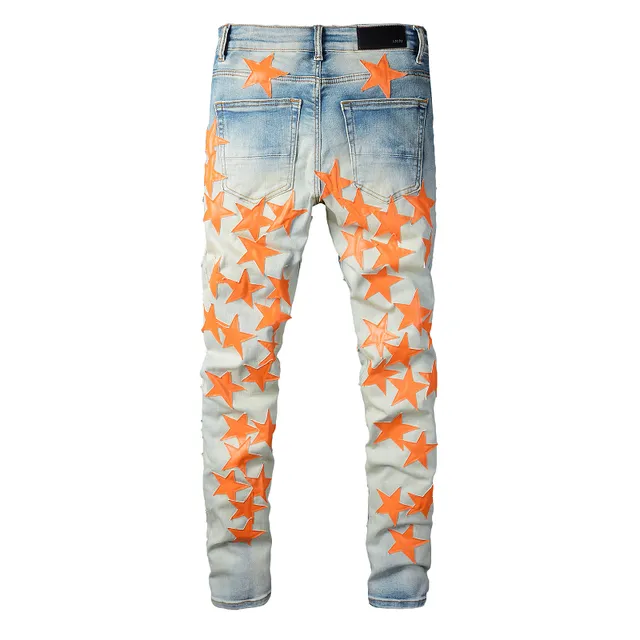 Jeans denim bleu orange lavé léger distressed motif appliqué étoile 7