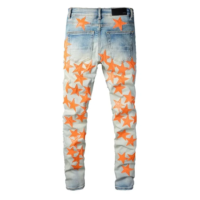 Jeans denim bleu orange lavé léger distressed motif appliqué étoile 8