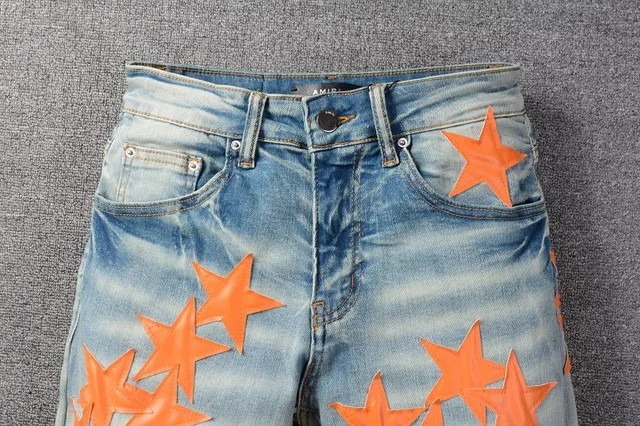 Jeans denim bleu orange lavé léger distressed motif appliqué étoile 13