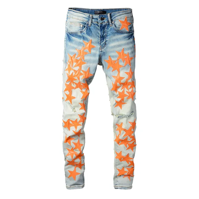Jeans denim bleu orange lavé léger distressed motif appliqué étoile 16
