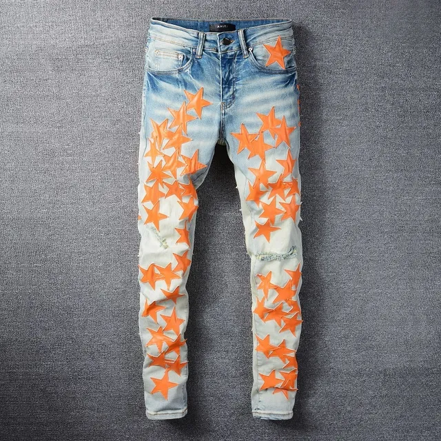 Jeans denim bleu orange lavé léger distressed motif appliqué étoile 18