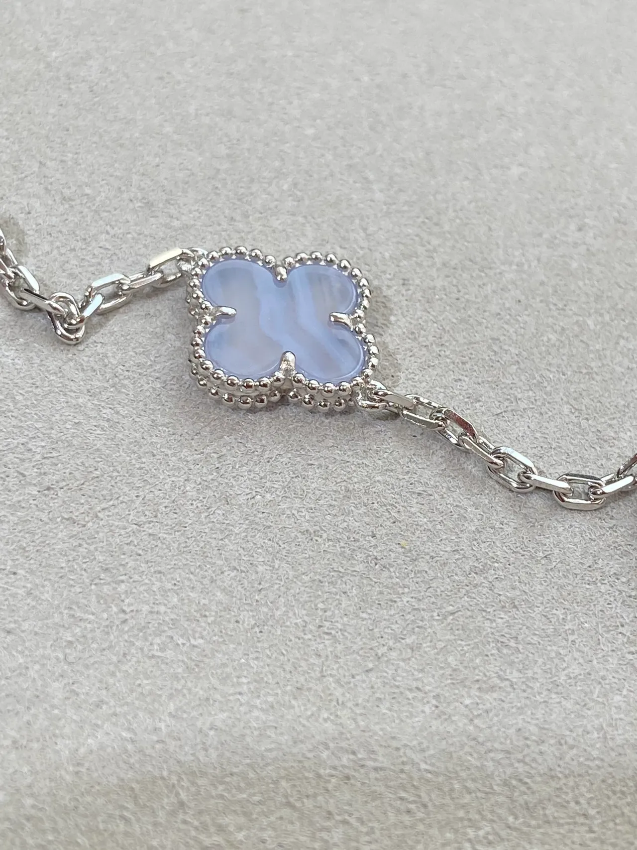 Blue Silver Clover-Link Beaded Bezel Bracelet 9