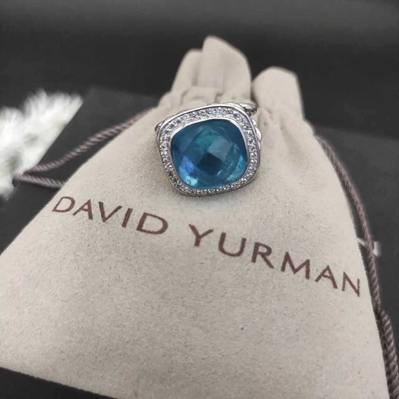 Blue Silver Cushion-Cut Stone Pave Halo Ring 6