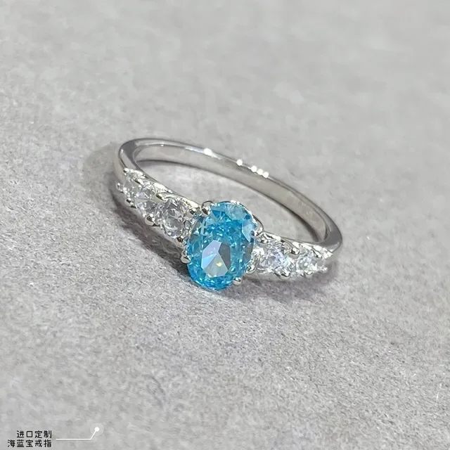 नीला चांदी ओवल कट सेंट्रल जेमस्टोन तीन पत्थर असममित अंगूठी 6
