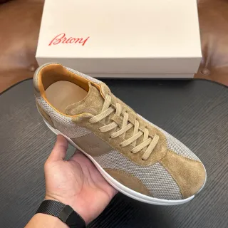 Brioni حذاء رياضي أسلوب حياة بـ Mesh-Suede بلون بيج وجري