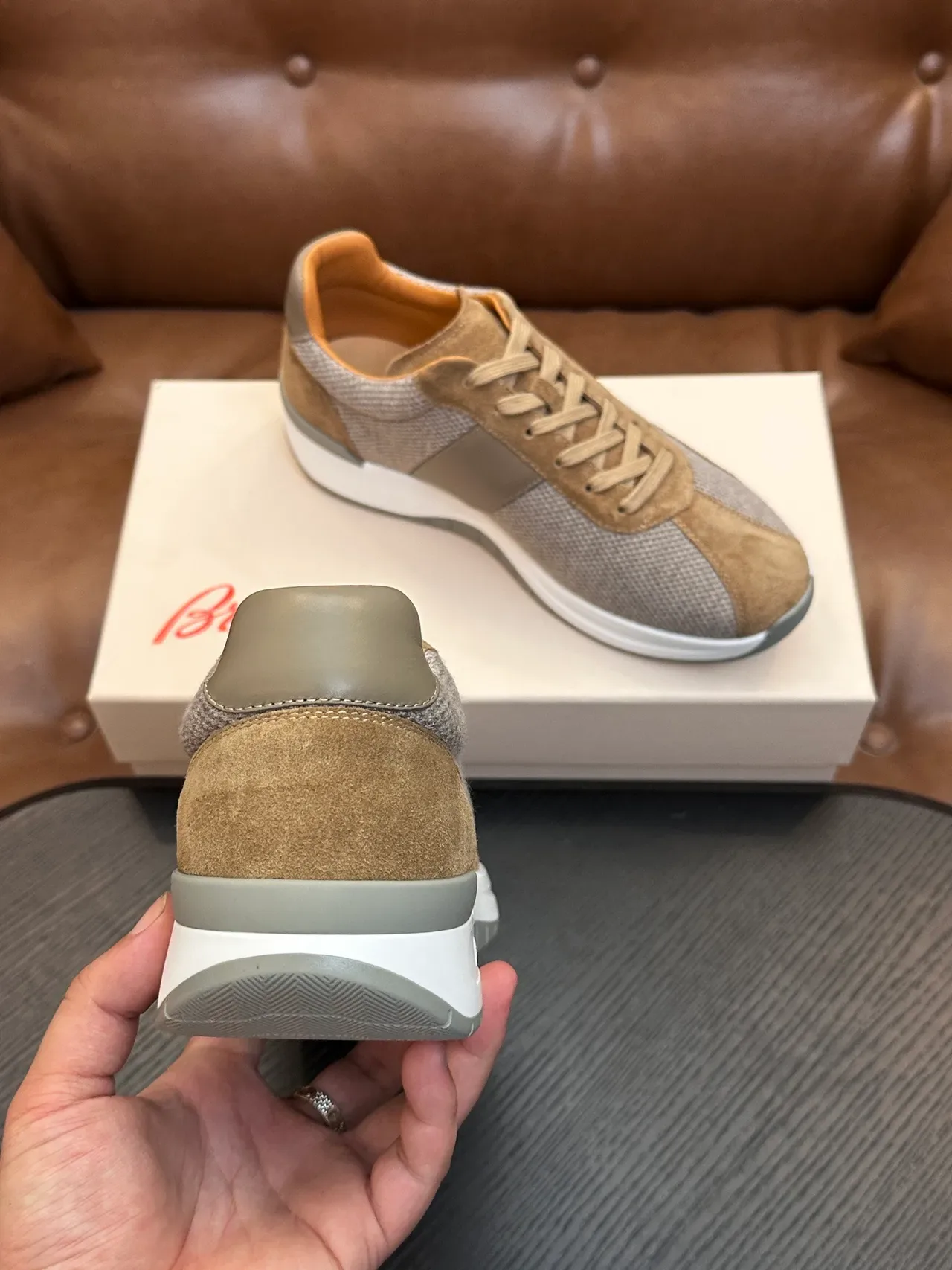 Brioni Beige and Gray Mesh-Suede Lifestyle Sneakers 8