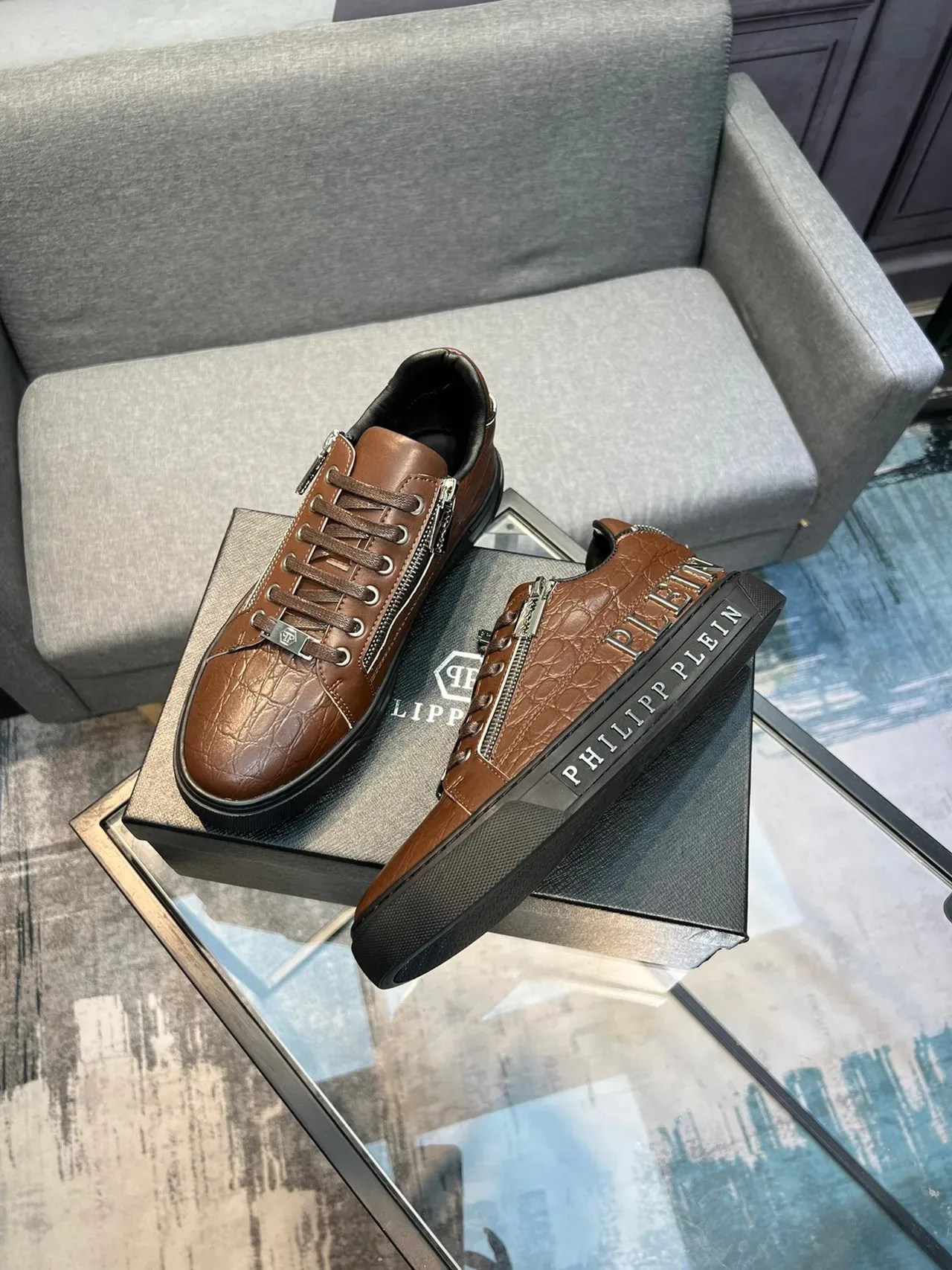 Brown Croc-Embossed Leather Zipper Sneakers 3
