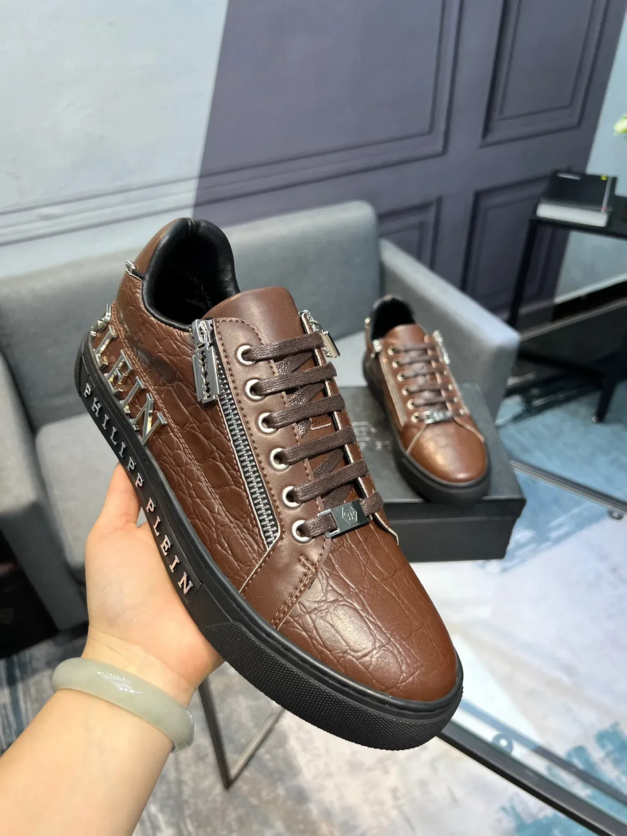 Brown Croc-Embossed Leather Zipper Sneakers 5