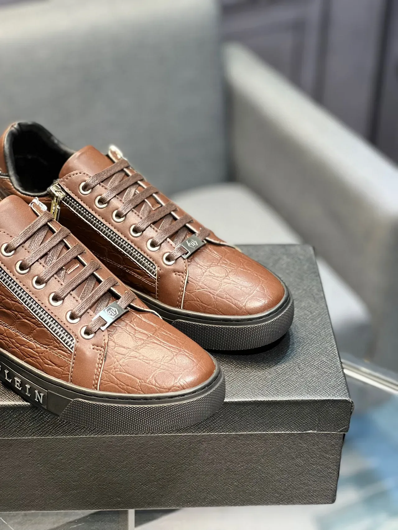 Brown Croc-Embossed Leather Zipper Sneakers 8