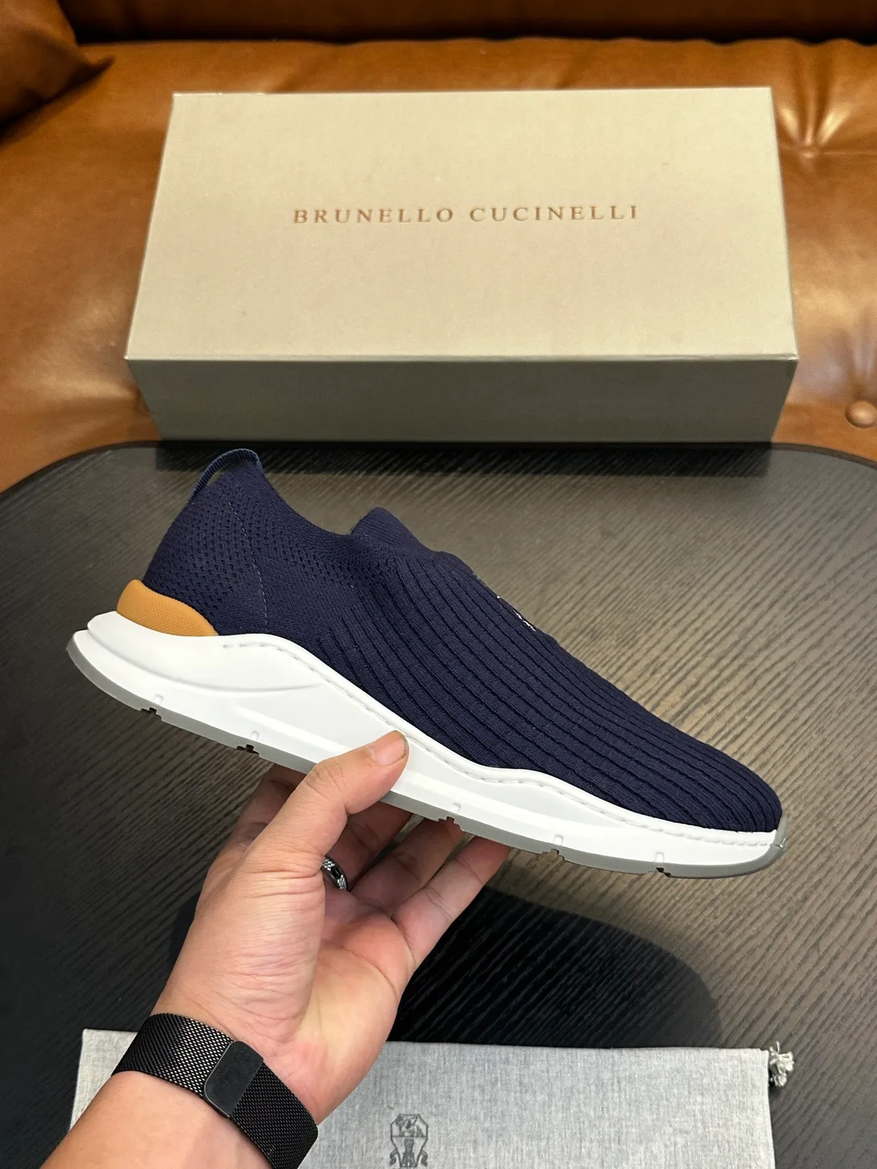 Brunello Cucinelli sapatos casuais slip-on de tricô ribeteado marinho 2