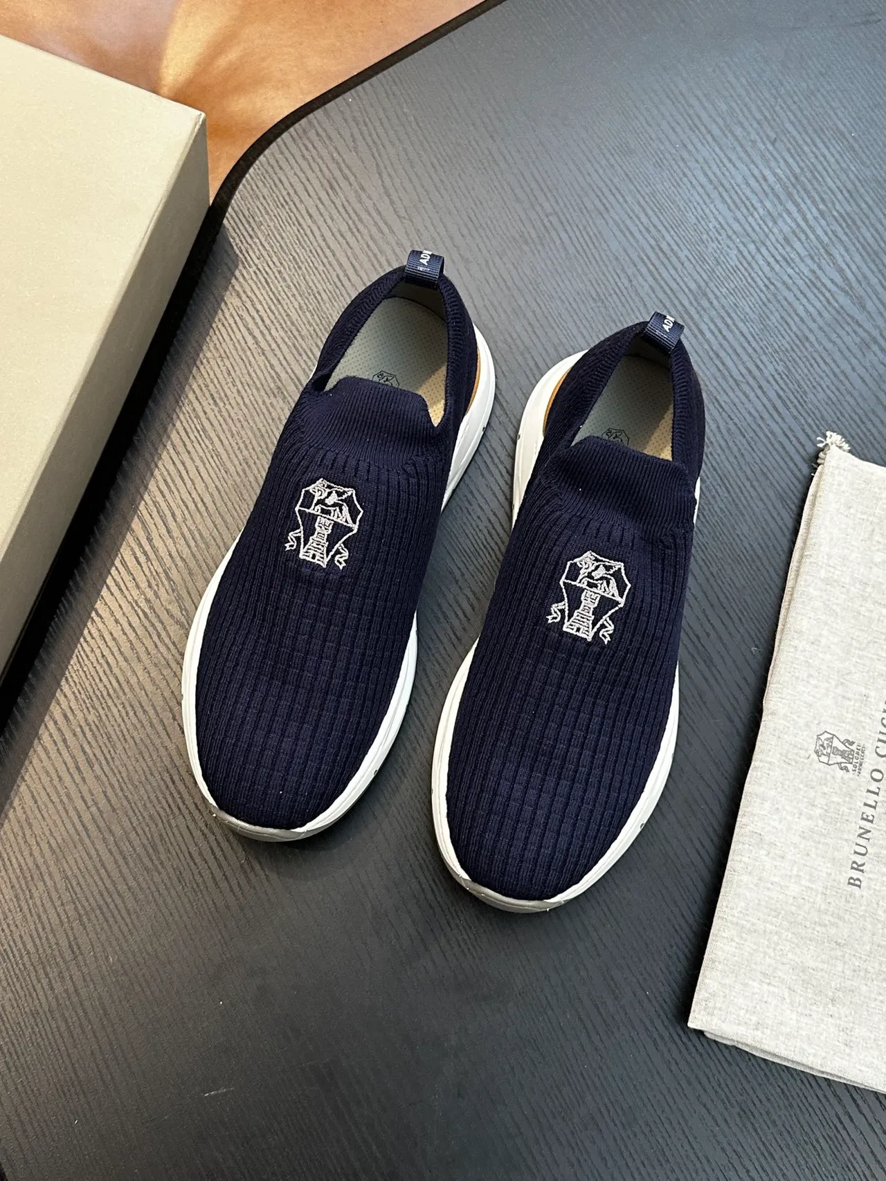 Brunello Cucinelli sapatos casuais slip-on de tricô ribeteado marinho 3