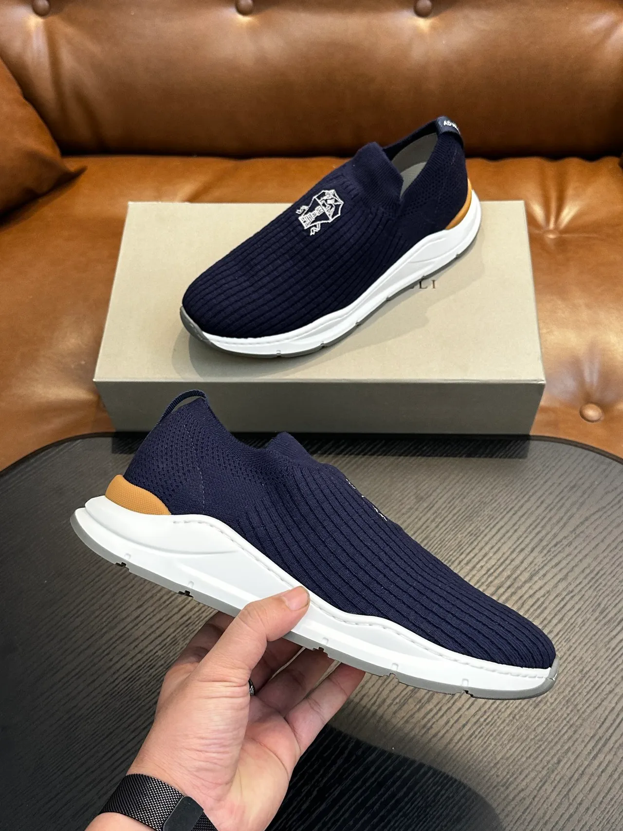 Brunello Cucinelli sapatos casuais slip-on de tricô ribeteado marinho 5