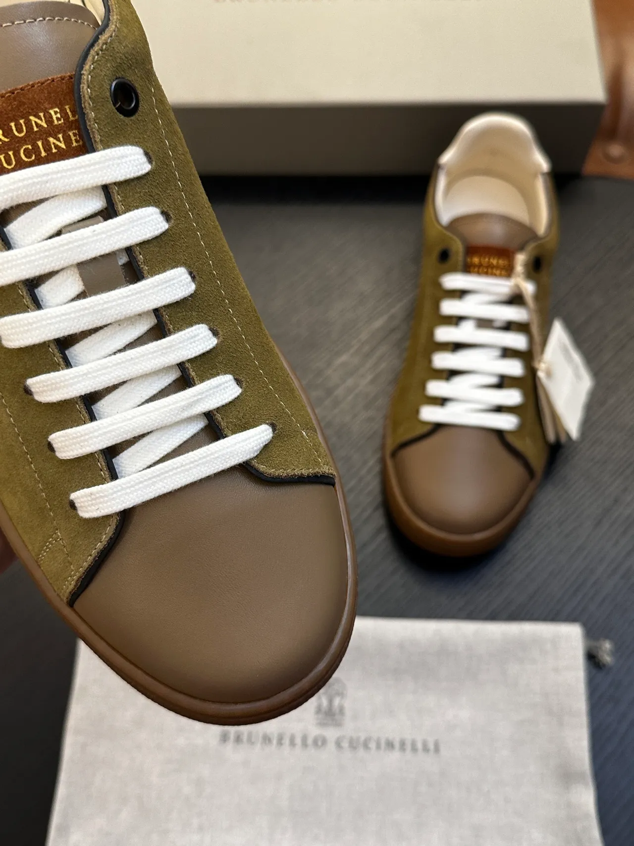 Brunello Cucinelli Olive Green Suede and Tan Leather Lace-Up Casual Shoes 6