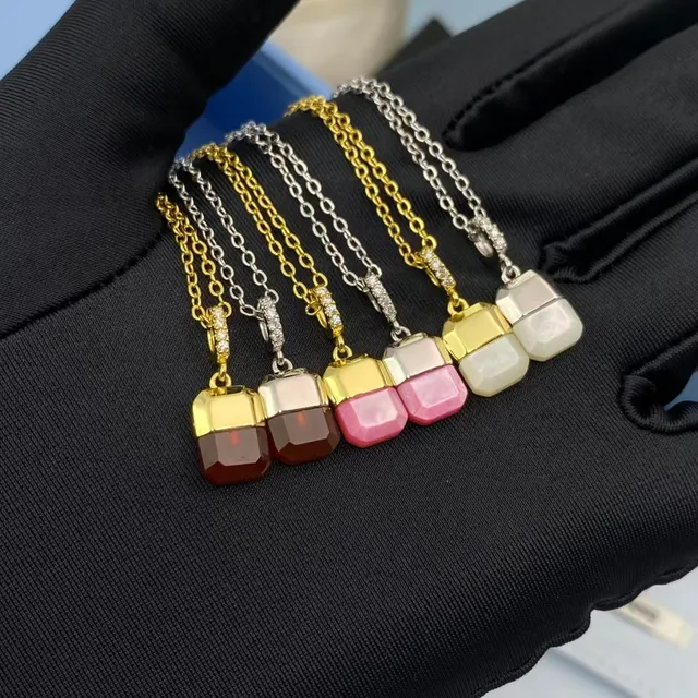 Burgundy Gold Faceted Rectangular Pendant Two-Tone Metal Setting Necklace 3