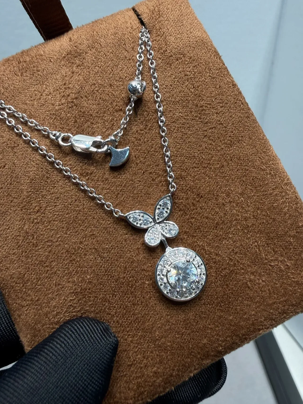Butterfly Motif Pavé Halo Round Pendant Necklaces 4