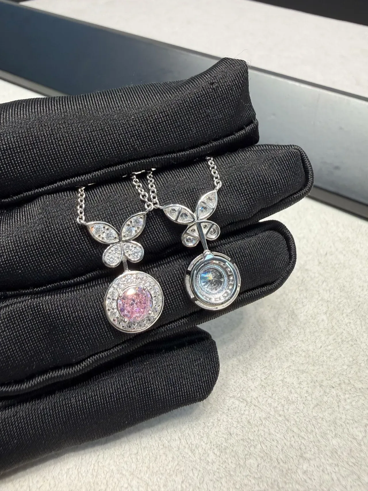 Butterfly Motif Pavé Halo Round Pendant Necklaces 5