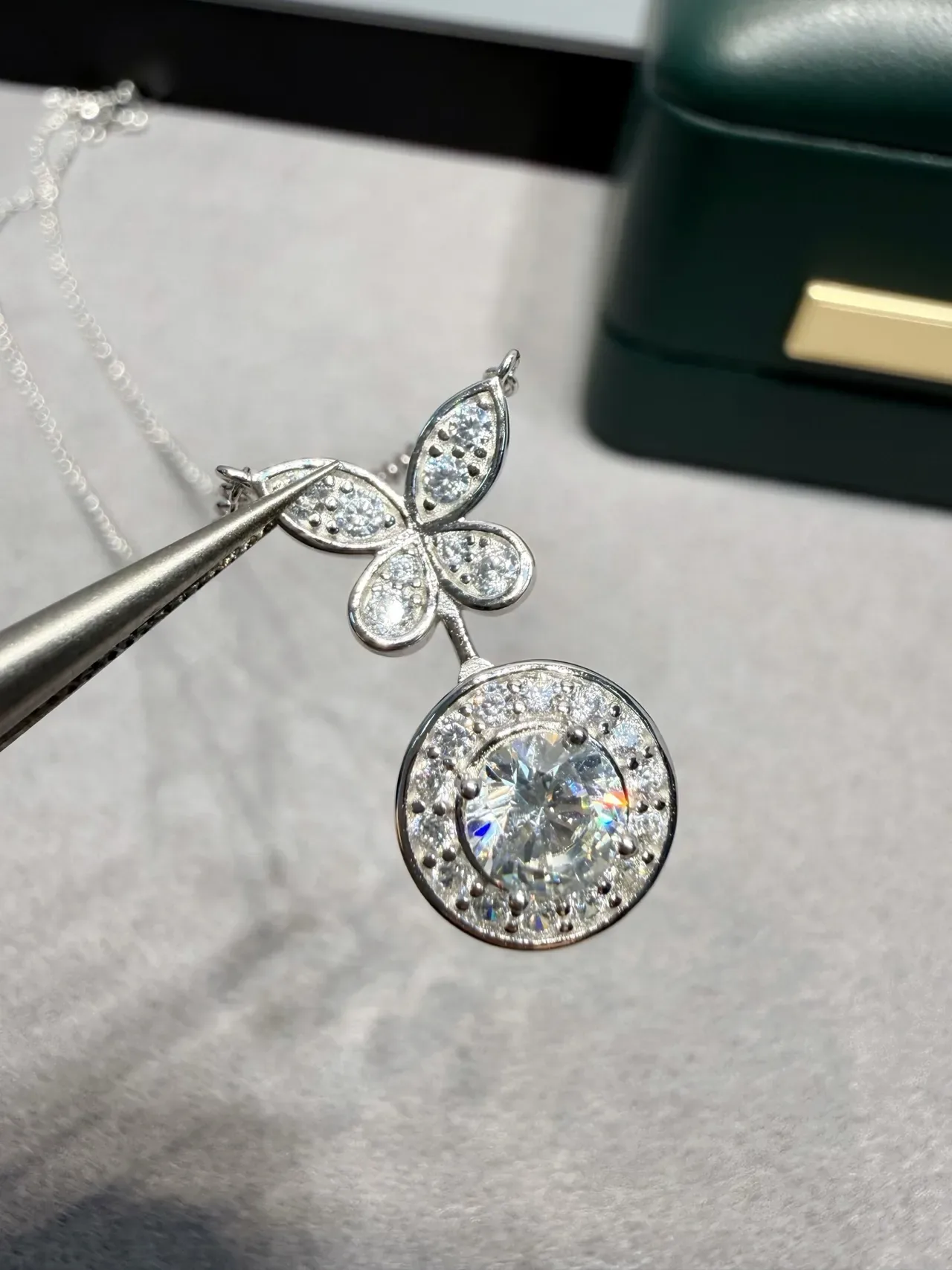 Butterfly Motif Pavé Halo Round Pendant Necklaces 8