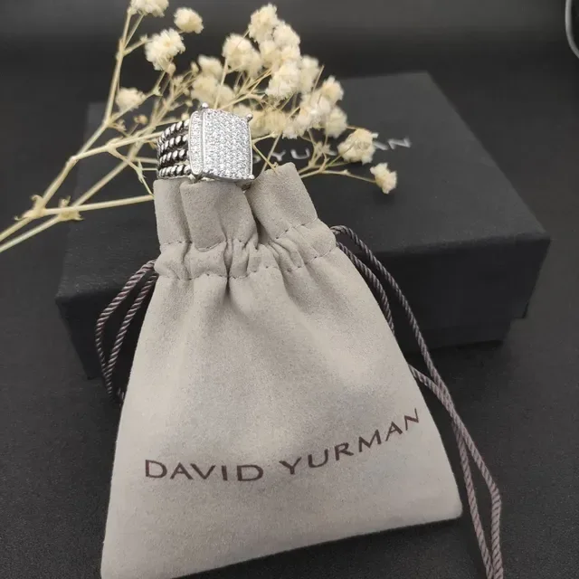 David Yurman Albion Pavé Silver White Square Face Multi-Row Beaded Cable Band Ring 3