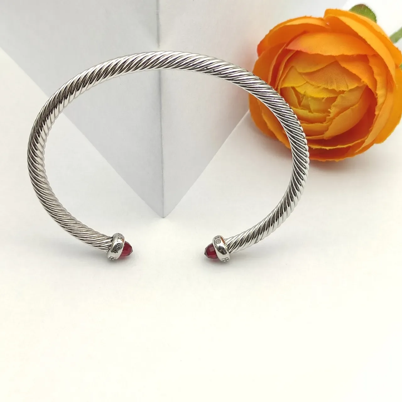 David Yurman Cable Classic Silver Red Twisted Gemstone Terminals Bracelet 6