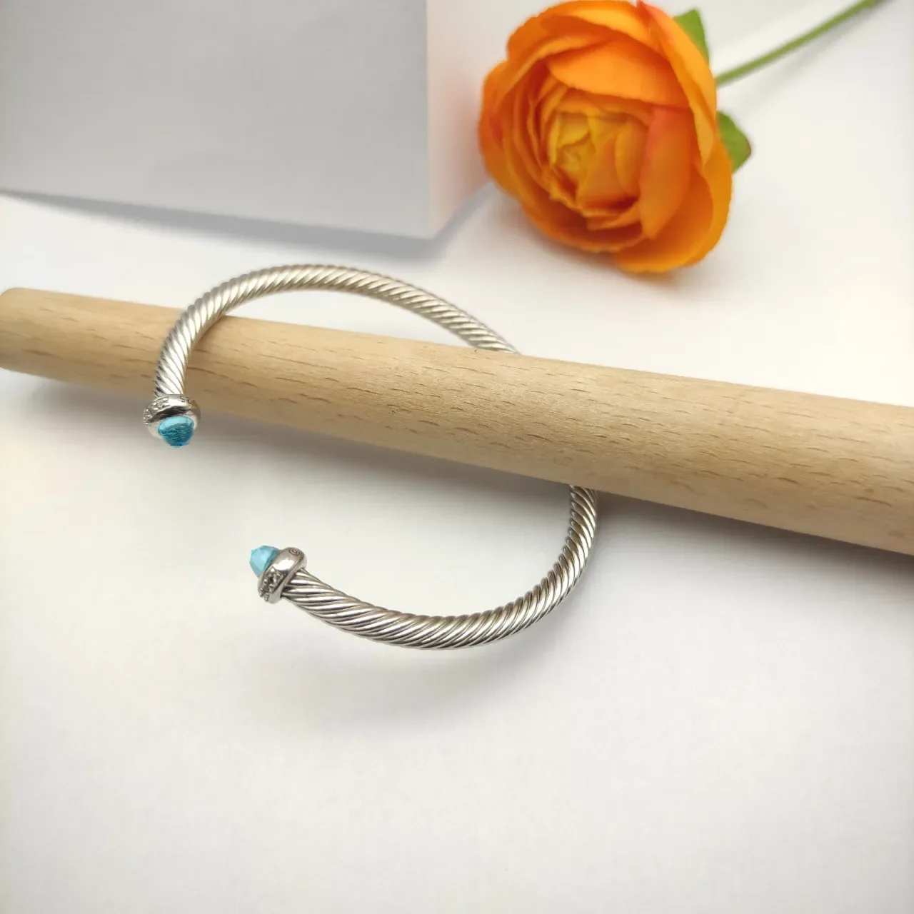 David Yurman Cable Classics Silver Blue Twisted Open Bangle Bracelet 4