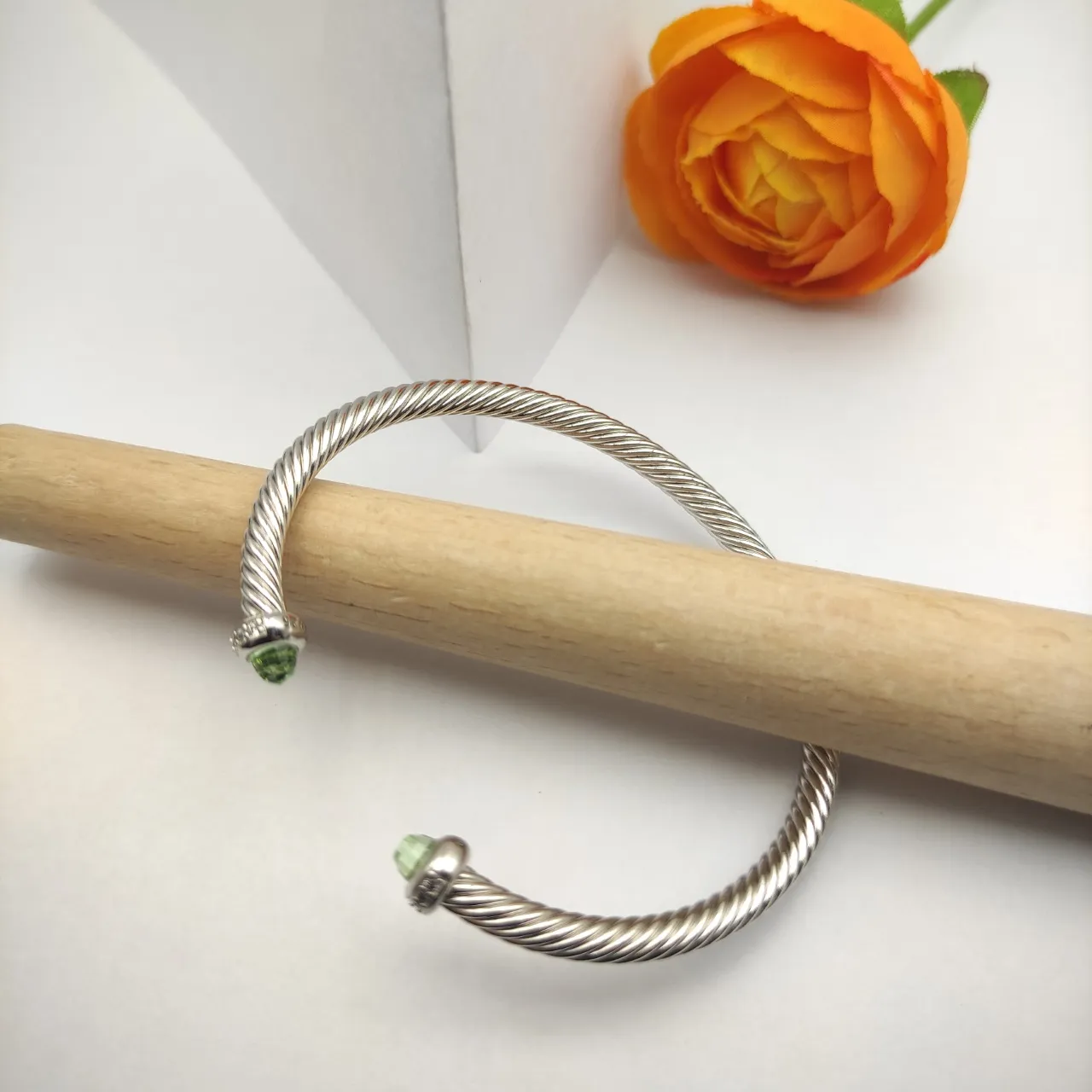 David Yurman Cable Classics Silver Green Twisted Open Cuff Bracelet 4