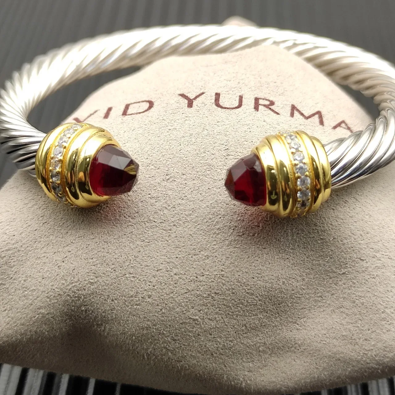 David Yurman Cable Classics Twisted Silver and Gold Garnet Bracelet 5