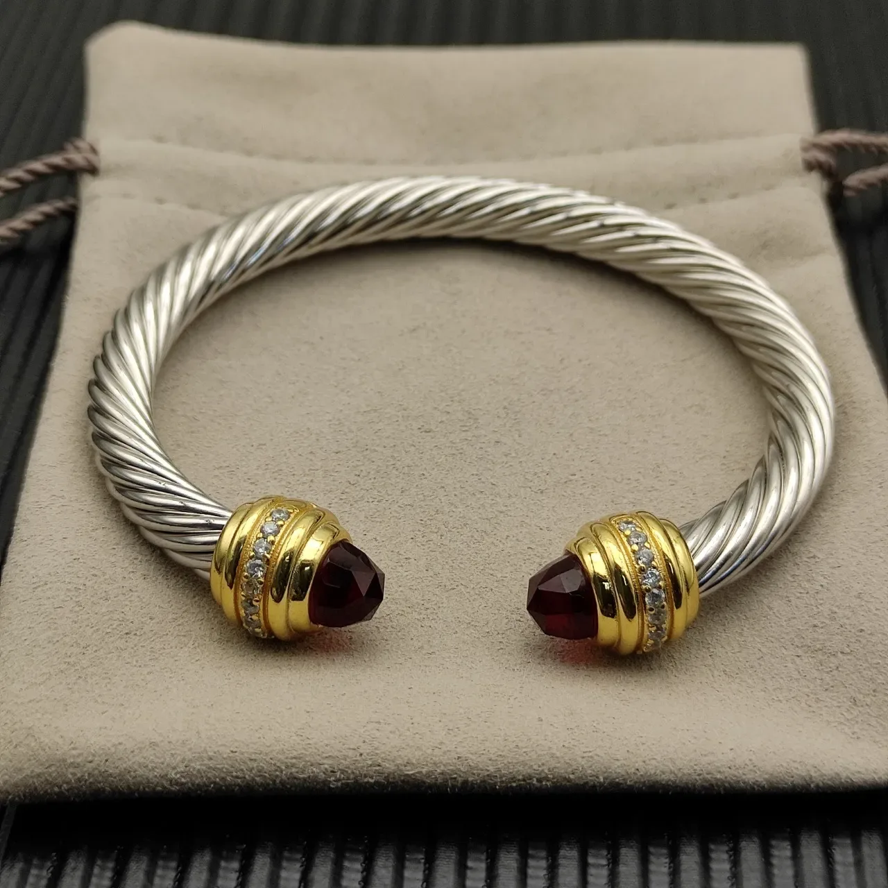 David Yurman Cable Classics Twisted Silver and Gold Garnet Bracelet 8
