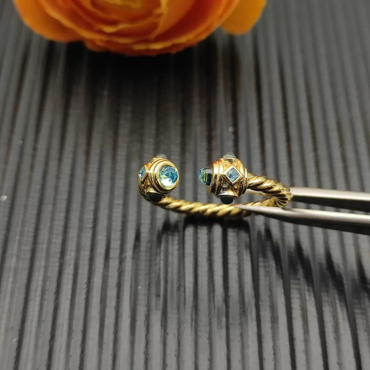 David Yurman Cable Collectibles Gold Blue Twisted Band Dual-Gem Terminals Ring 5