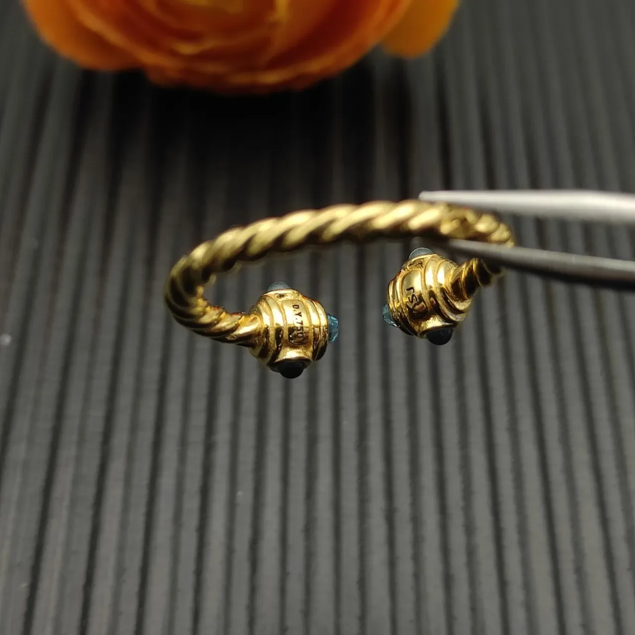 David Yurman Cable Collectibles Gold Blue Twisted Band Dual-Gem Terminals Ring 6