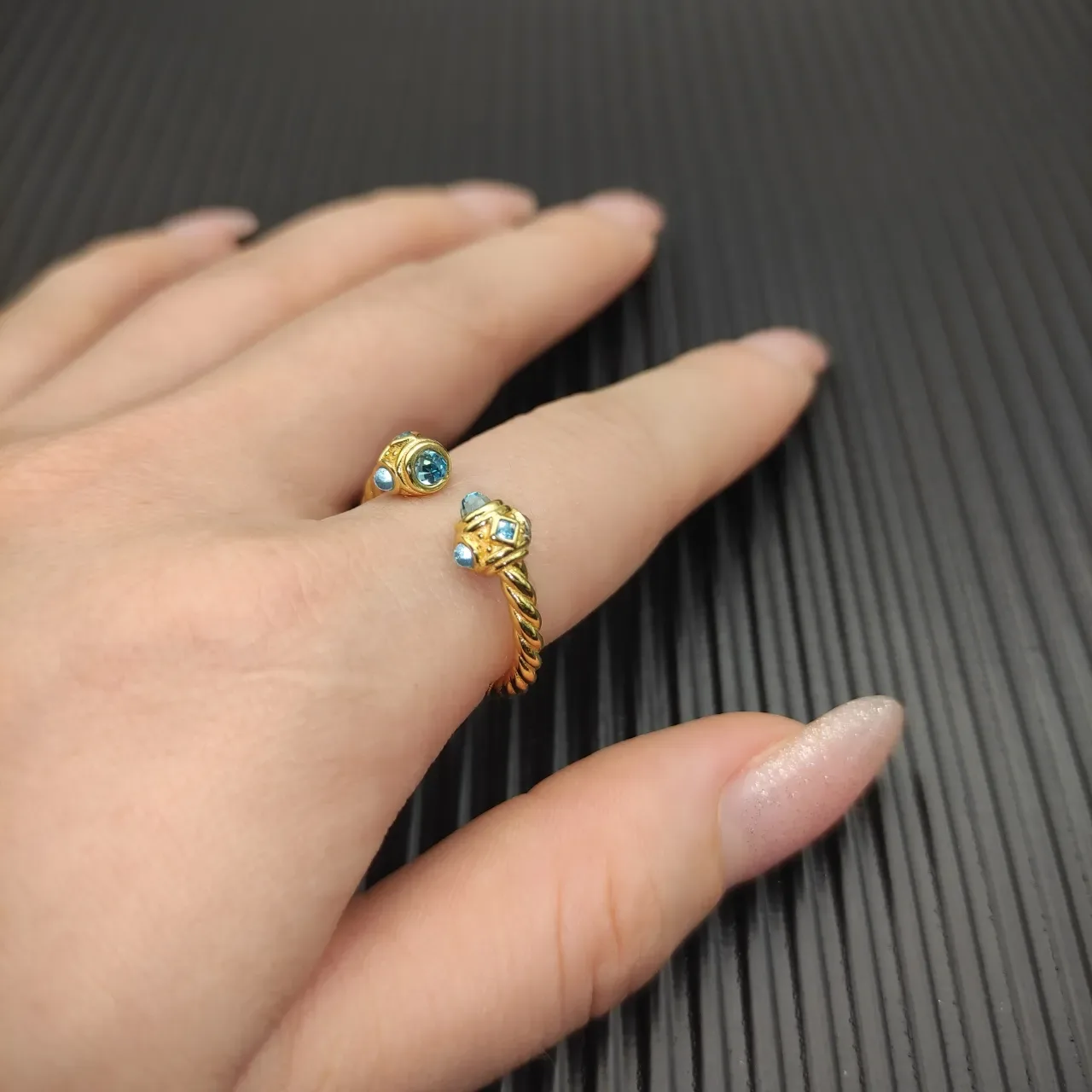 David Yurman Cable Collectibles Gold Blue Twisted Band Dual-Gem Terminals Ring 7