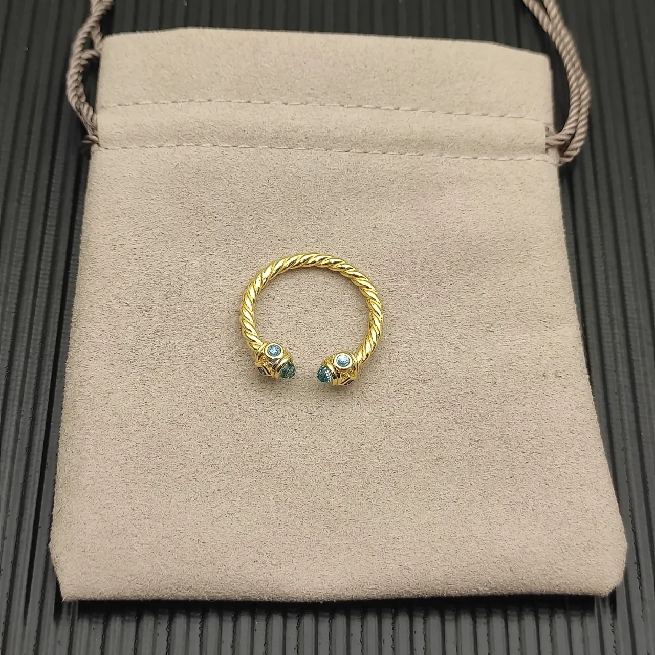 David Yurman Cable Collectibles Gold Blue Twisted Band Dual-Gem Terminals Ring 9