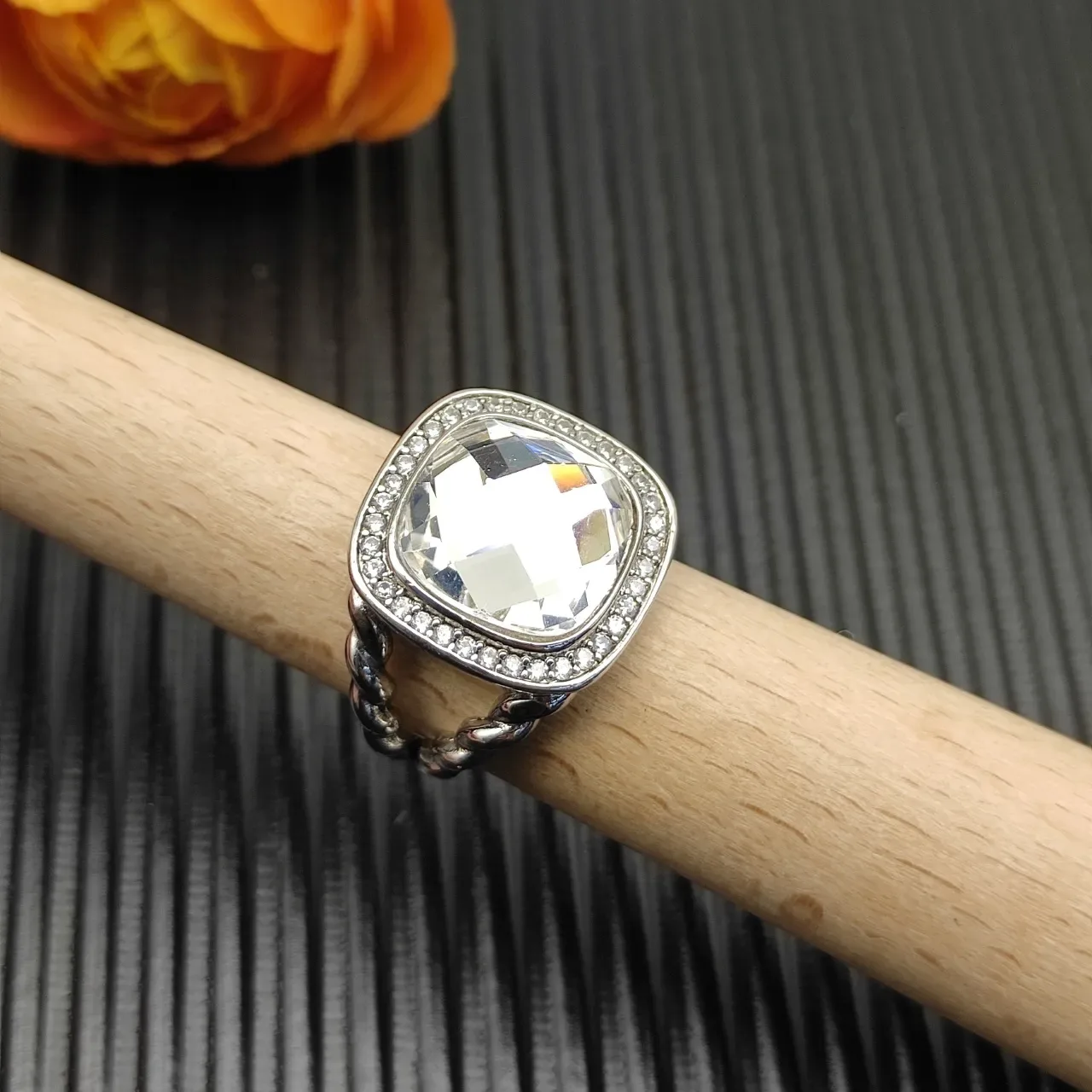 David Yurman Silver Beige Twisted Cable Band Cushion-Cut Stone Ring 8