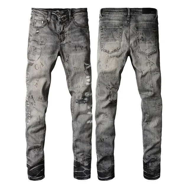 jeans slim-fit cinza lavado com estampa graffiti e design distressed 6