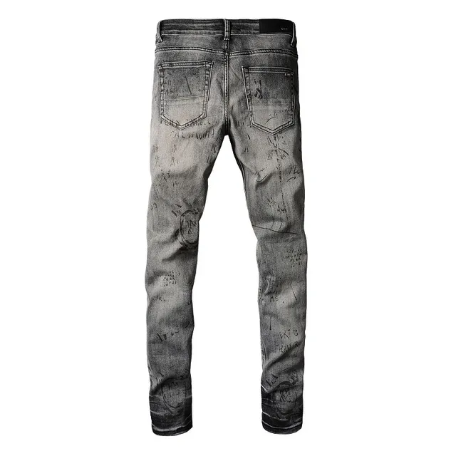 jeans slim-fit cinza lavado com estampa graffiti e design distressed 7