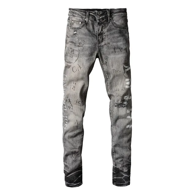 jeans slim-fit cinza lavado com estampa graffiti e design distressed 8