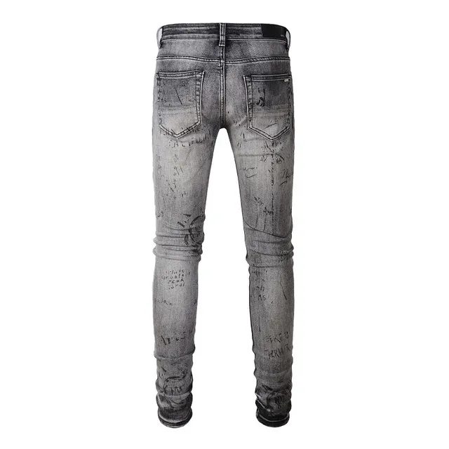 jeans slim-fit cinza lavado com estampa graffiti e design distressed 9
