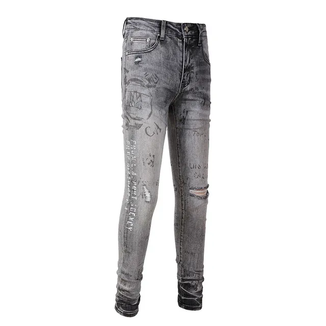 jeans slim-fit cinza lavado com estampa graffiti e design distressed 10
