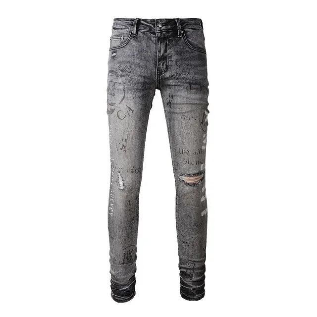 jeans slim-fit cinza lavado com estampa graffiti e design distressed 11